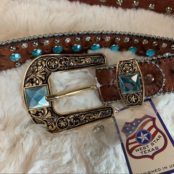 West Star Texas Other - Men's West Star Texas Leather Bling Belt with Blue Crystal Conchos Size Large